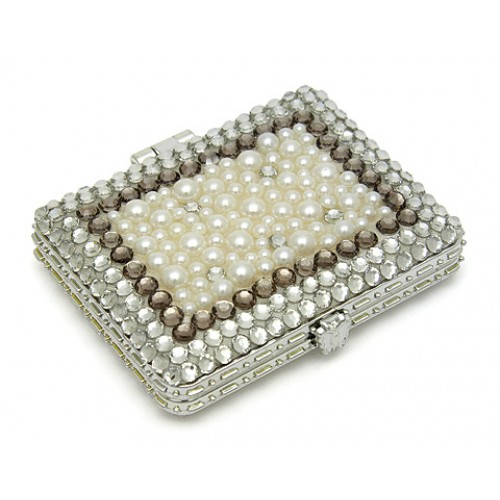 Pocket Mirror - Fabric w/ Rhinestones And Pearls - MR-GM1306